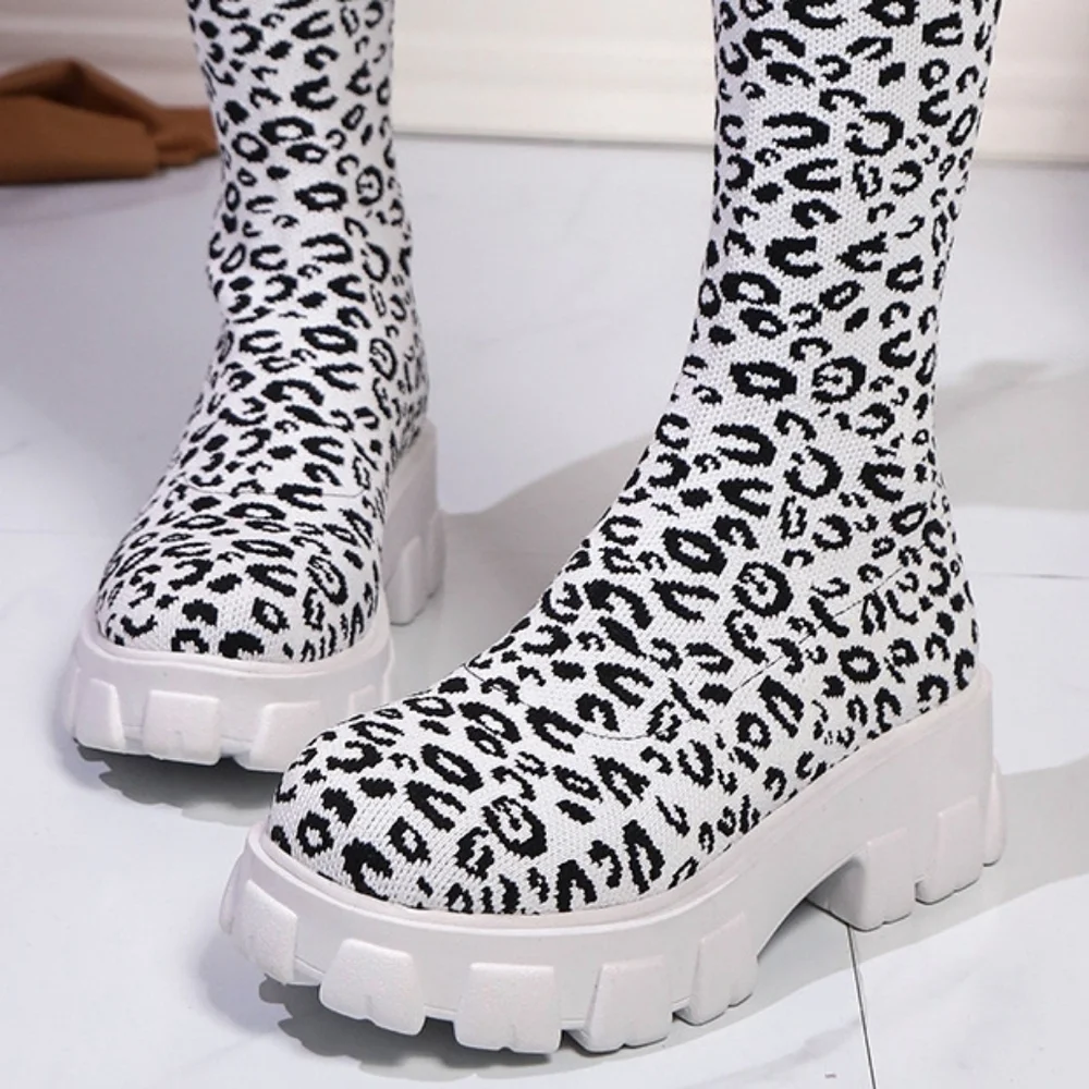 Leopard Chunky Platform Knee High Sock Boots Stretch Mesh Knit Block Heel Shoes